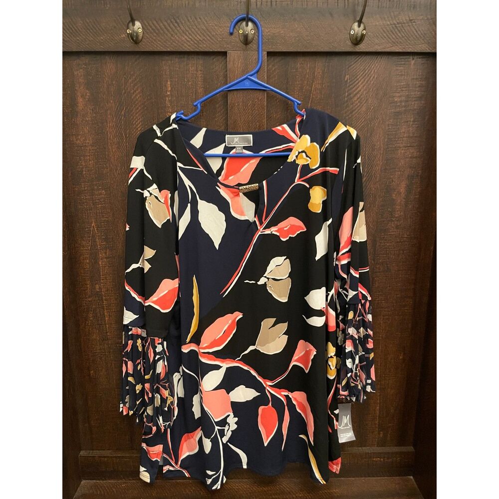 JM Collection XXL Floral Tunic Top Pleated Bell Sleeve Keyhole Plus NWT